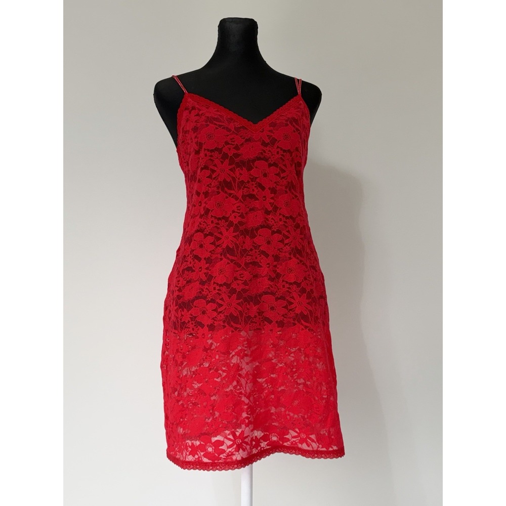 Victoria's Secret Red Floral Lace Chemise Slip Dress Sz M Sheer Lingerie